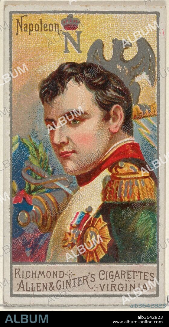 Napoleon Bonaparte, from the Great Generals series (N15) for Allen & Ginter Cigarettes Brands. Dimensions: Sheet: 2 3/4 x 1 1/2 in. (7 x 3.8 cm). Lithographer: George S. Harris & Sons (American, Philadelphia). Publisher: Allen & Ginter (American, Richmond, Virginia). Date: 1888.
Trade cards from the "Great Generals" series (N15), issued in 1888 in a set of 50 cards to promote Allen & Ginter brand cigarettes.