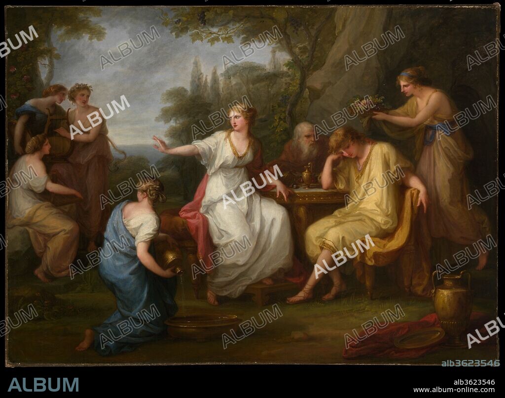 ANGELIKA KAUFFMANN. The Sorrow of Telemachus. Artist: Angelica Kauffmann (Swiss, Chur 1741-1807 Rome). Dimensions: 32 3/4 x 45 in. (83.2 x 114.3 cm). Date: 1783.
Angelica Kauffmann was born in Switzerland but made her reputation in Italy and England, where she was a founding member of the Royal Academy. In Rome she frequented the sophisticated intellectual circle of Winckelmann and Mengs.
These pictures were painted for Monsignor Onorato Caetani shortly after Kauffmann settled in Rome, in 1782. The subjects are taken from Fénelon's romance Télémaque, first published in 1699. In one picture Telemachus and his companion, Mentor, who have been washed ashore, are welcomed by Calypso and her nymphs. In the other, Calypso motions her nymphs to be silent when their songs about Telemachus's father Ulysses make him sorrowful.