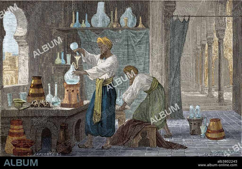 Muhammad ibn Zakariya al-Razi (865-925 AD) was a Persian polymath. A prominent figure in Islamic Golden Age, physician, alchemist, chemist, philosopher and scholar. He made fundamental and enduring contributions to the fields of medicine, alchemy, music, and philosophy, recorded in over 200 books and articles in various fields of science. He was well-versed in Persian, Greek and Indian medical knowledge and made numerous advances in medicine through own observations and discoveries. He was an early proponent of experimental medicine and has been described as the father of pediatrics for writing, The Diseases of Children, the first book to deal with pediatrics as an independent field of medicine. He became chief physician of Rey and Baghdad hospitals. His development of apparatus such as mortars, flasks, spatulas and phials, which were used in pharmacies until the early 20th century. An eye affliction started with cataracts and ended in total blindness. He refused to be treated and told a student he would die soon. He died several days later at the age of 60. Illustration from Vies Des Savants Illustrates, Savants Du Moyen-Age by Louis Figuier, 1883.