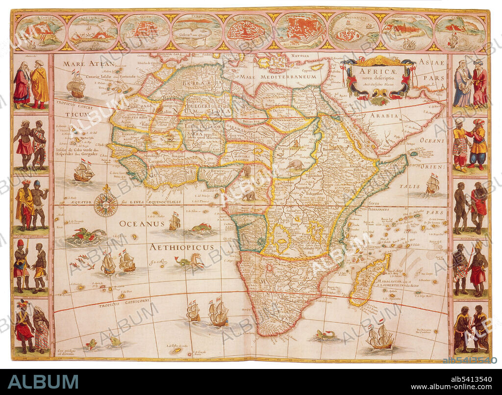 Africa is the world's second largest and second most-populous continent. At about 11.7 million square miles including adjacent islands, it covers 6% of Earth's total surface area and 20% of its land area. The continent is surrounded by the Mediterranean Sea to the north, the Isthmus of Suez and the Red Sea to the northeast, the Indian Ocean to the southeast and the Atlantic Ocean to the west. The continent includes Madagascar and various archipelagos. Joan Blaeu (1596-1673) was a Dutch cartographer, the son of cartographer Willem Blaeu. In 1635 they published the Atlas Novus (full title: Theatrum orbis terrarum, sive, Atlas novus) in two volumes. The Atlas Maior is the final version of Joan Blaeu's atlas, published in Amsterdam between 1662 and 1672, in Latin, French, Dutch, German and Spanish, containing 594 maps and around 3,000 pages of text.