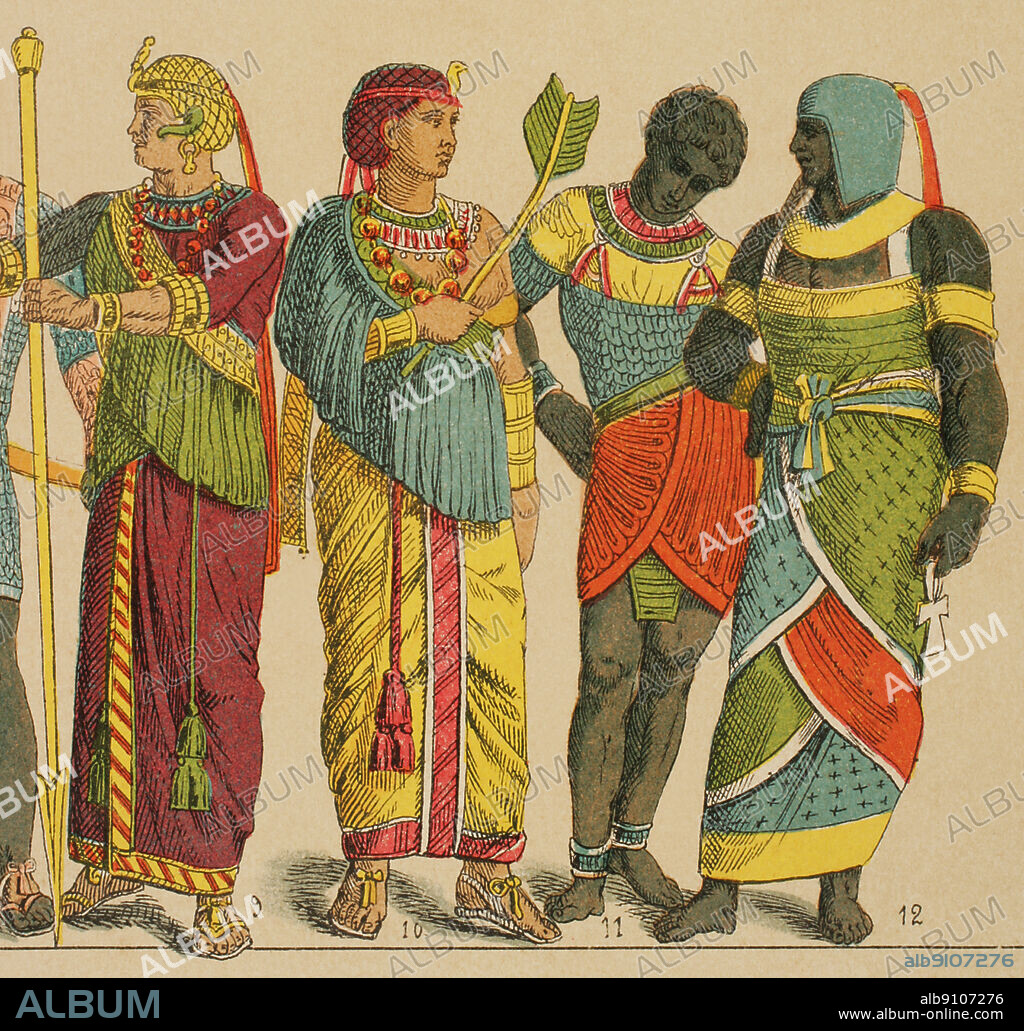 Ancient Egypt. From left to right; 9-10: costume adhered to the body with long narrow sleeves, 11-12: ornate apron for kings and priests. Chromolithography. "Historia Universal" (Universal History), by Cesar Cantu. Volume I, 1881.