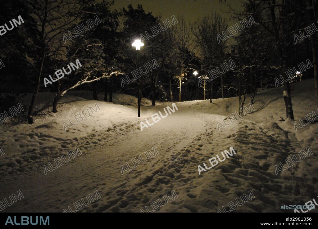 Vista nocturna de un parque nevado. Estocolmo. Suecia.