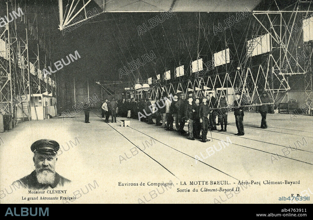 'Environs de Compiegne. La Motte-Breuil. Aero-Parc Clement-Bayard. Sortie du Clement-Bayard II'. Avec portrait de l'aeronaute Monsieur CLEMENT. Photographie anonyme pour une carte postale vers 1908. Credit : Collection IM/KHARBINE-TAPABOR.