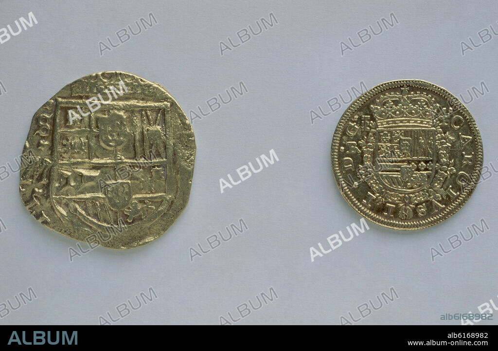 MONEDAS DE ORO DE CARLOS II - REVERSOS - DCHA 4 ESCUDOS DE SEGOVIA IZDA 8 ESCUDOS DE SEVILLA -S XVII.