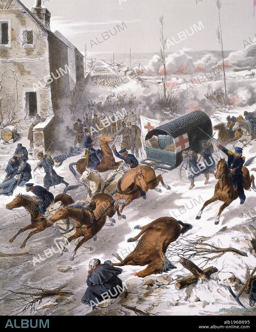 Red Cross convoy at the Battle of Bapaume, January 3, 1871. Franco-Prussian War, France, 19th century.