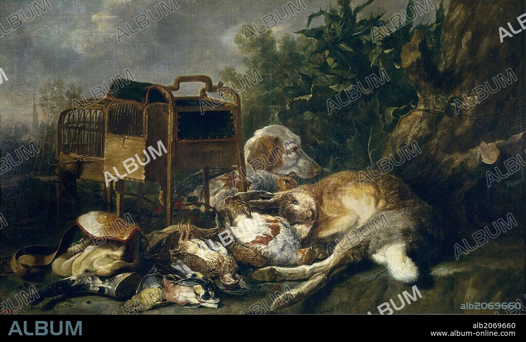 Jan Fyt / 'Hare Game-Birds and a Hunting Dog', 1649, Flemish School, Oil on canvas, 72 cm x 121 cm, P01528.