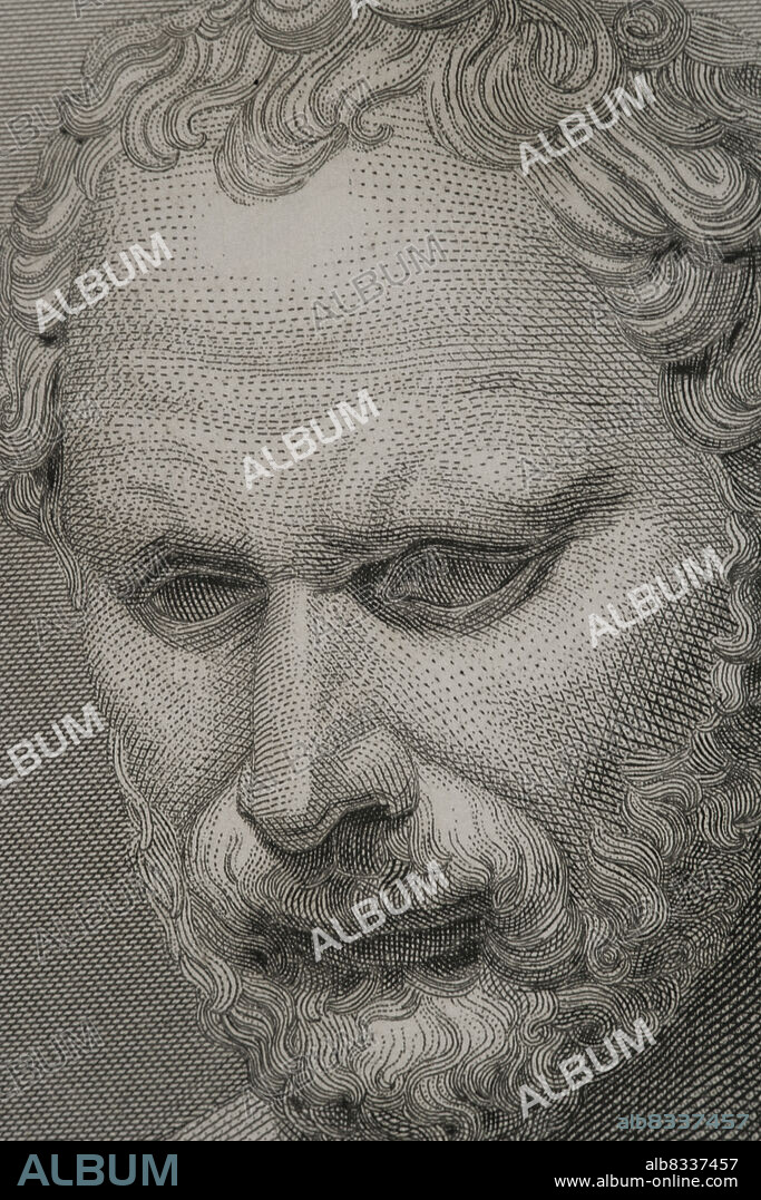 Demóstenes (384 - 322 a.C). Orador y político griego. Retrato. Grabado. Detalle. Historia Universal, por César Cantú. Tomo I, 1854.