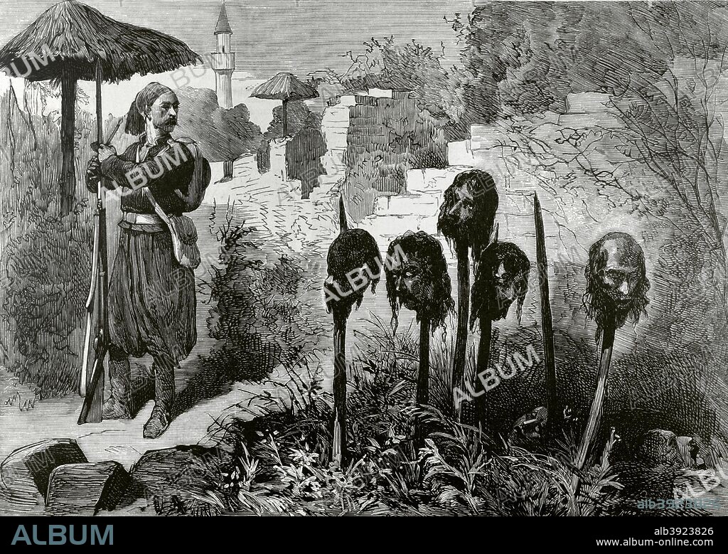 The Eastern Question. April Uprising of 1876. Insurrection organised by the Bulgarians in the Ottoman Empire from April to May 1876. A hundred Bulgarians and Serbs who had landed close to Widdin, in the second half of May 1876, were surprised by Circassians Corps. They put them to the sword and mutilated. These men were peasants who formed a band of insurgents, under the command of Chief Botioff, who landed in the vicinity of Costodi, flying the Bulgarian green flag. Their heads were exposed in the first enclosure of the Turkish fortress of Widdin. Engraving. La Ilustracion Espa–ola y Americana, July 30, 1876.