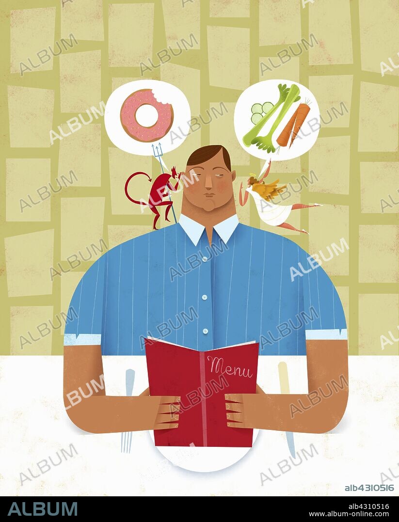 Man choosing between healthy and unhealthy food from menu with angel and devil whispering in ear.