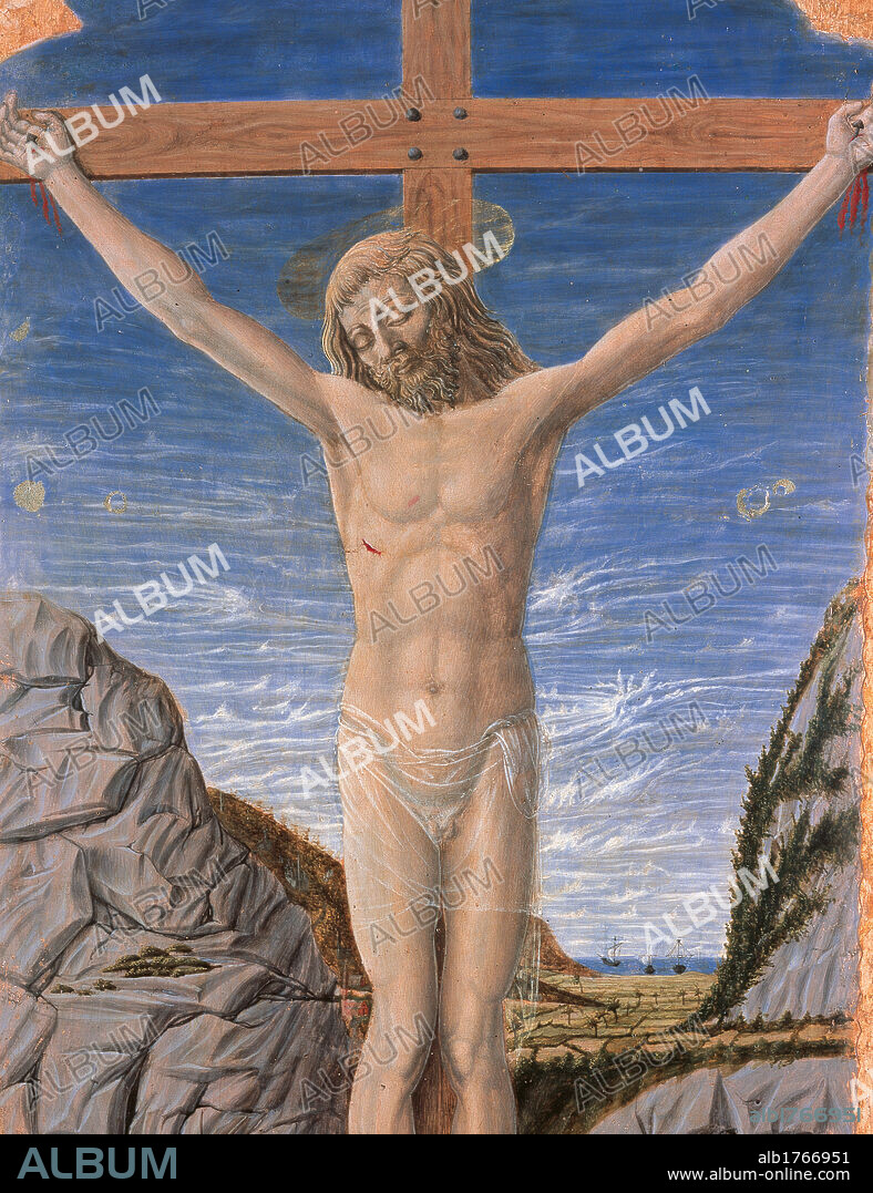 Crucified Christ, by Bartolomeo di Giovanni, 1450-1460, 15th Century, tempera on panel, cm 102,5 x 66,8. Italy, Marche, Pesaro Urbino, Urbino, Marche National Gallery. This panel was once the central panel in the upper tier of a splendid pentatych with two rows of panels. Detail. Crucifixion cross wood nails halo Jesus Christ dead anatomy rib wound veils rocks perspective view blue gray green. Authorization required for non editorial use.