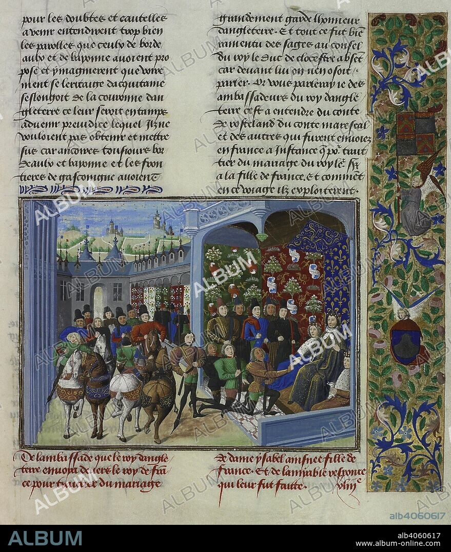 King Charles VI of France receives the English envoys. Jean Froissart, Chroniques (the 'Harley Froissart') (Frossart's chronicles). Volume IV, part 2. S. Netherlands (Bruges), 1470-1475. Source: Harley 4380, f.40. Language: French.