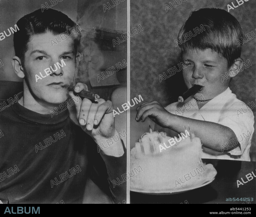 Cigar-Smoking Infant Grows Up -- Charles "Mickey" Norman, Jr.,18 who gained worldwide fame as a cigar-smoker at the age of 14 months, sits with cigar are cup of coffee (at left) at his home here yesterday as he estimates he has smoked a total of 13,000 stogies. At right Mickey, at the age of five, lights a cigar from one of five candles of his birthday cake. In those days he was publicized as "Paterson's Peewee Prodigy of Puff," but nowadays his cigar-smoking is less notorious. March 10, 1950. (Photo by AP Wirephoto).