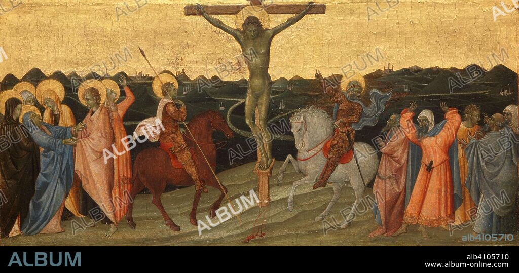 GIOVANNI DI PAOLO DI GRAZIA. The Crucifixion. The Crucifixion with Mary, John, Mary Magdalene, St Longinus and the Converted Centurion. Dating: c. 1447. Place: Siena. Measurements: h 29 cm × w 62 cm.