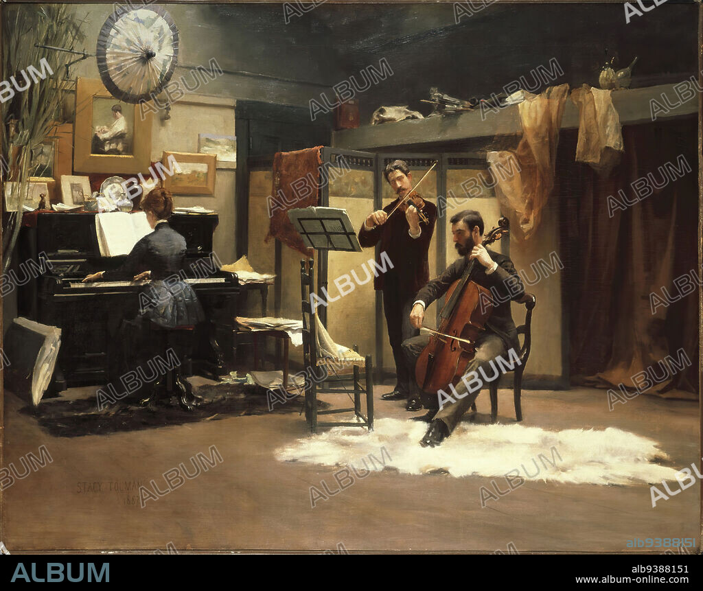 The Musicale, Stacy Tolman, American, 1860-1935, Oil on canvas, 1887, 36 1/4 x 46 in., 92 x 116.9 cm, cello, figures, fur, interior, music, musicale, musicians, oil on canvas, oriental, painting, parasol, piano, practice, studio, violin.
