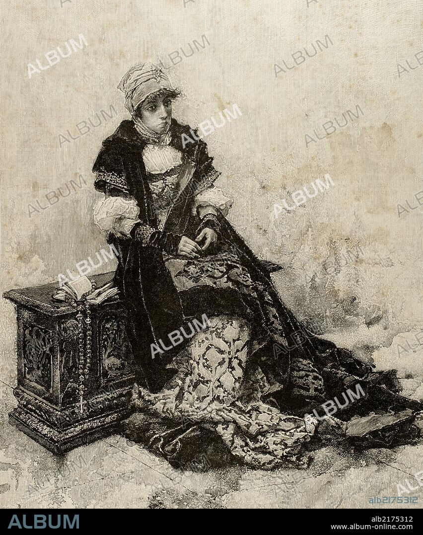 JUANA I DE CASTILLA o JUANA LA LOCA (1479-1555). Reina de Castilla de 1504-1555, de Aragón y Navarra (1516-1555). Encerrada en Tordecillas por su enfermedad mental. Grabado por M. Weber. "La Ilustración Artística", año 1886.