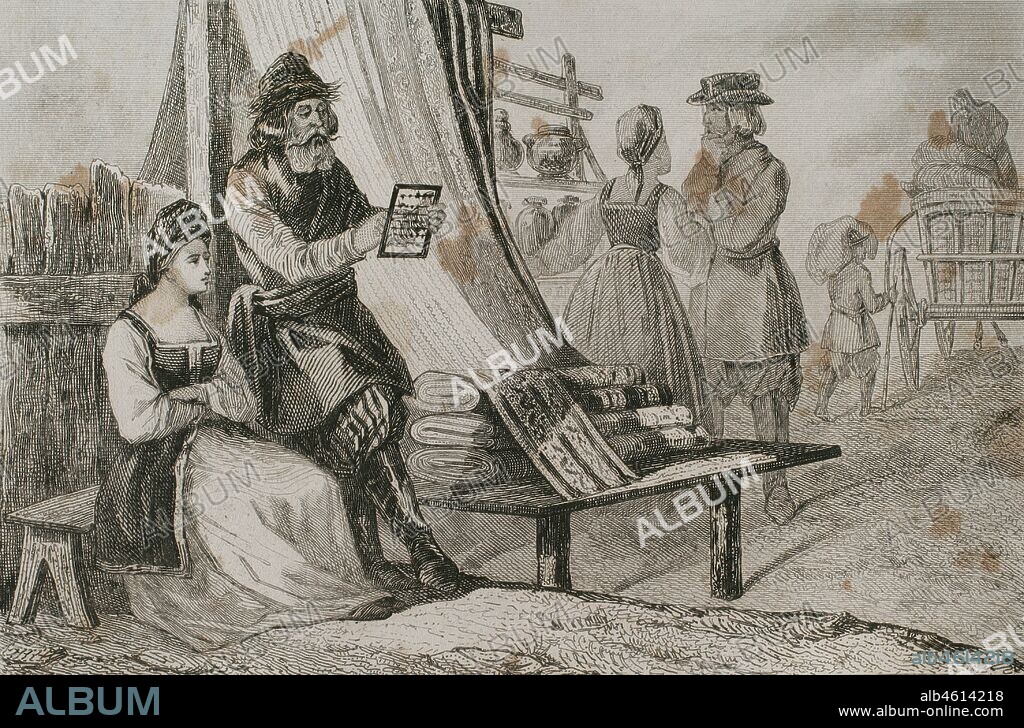 Rusia. Mercader ruso calculando por medio de cuentas o ábaco ruso llamado schëty. Grabado por Lemaitre, Vernier y Chaillot. Historia de Rusia por Chopin. Panorama Universal, edición española de 1839.
