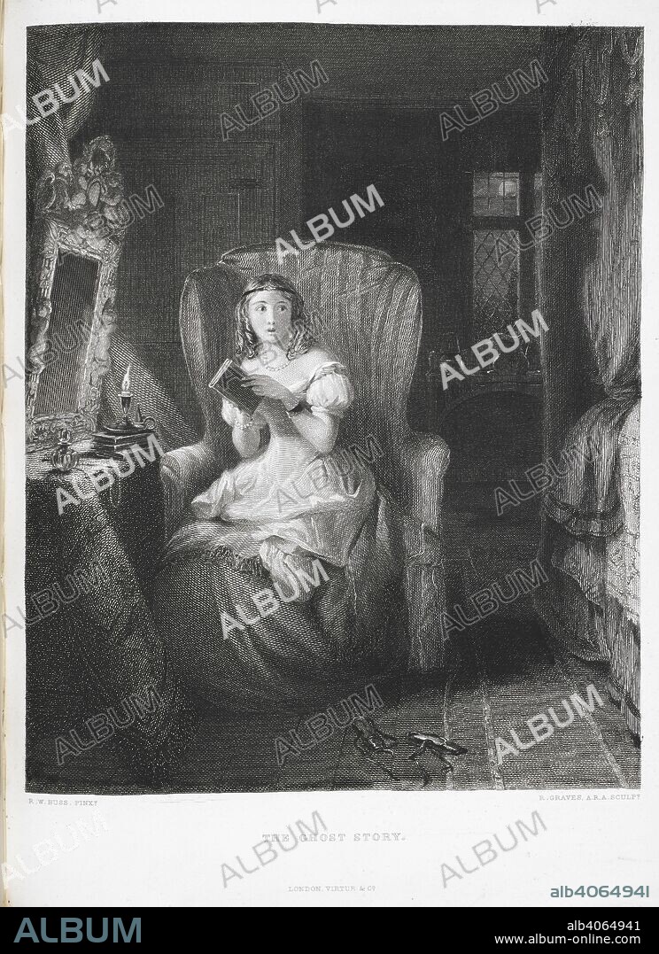 'The Ghost Story'. A girl reading ghost stories. The art-journal. London : George Virtue, 1849-1912. Source: P.P.1931.pc, page 301. Language: English.