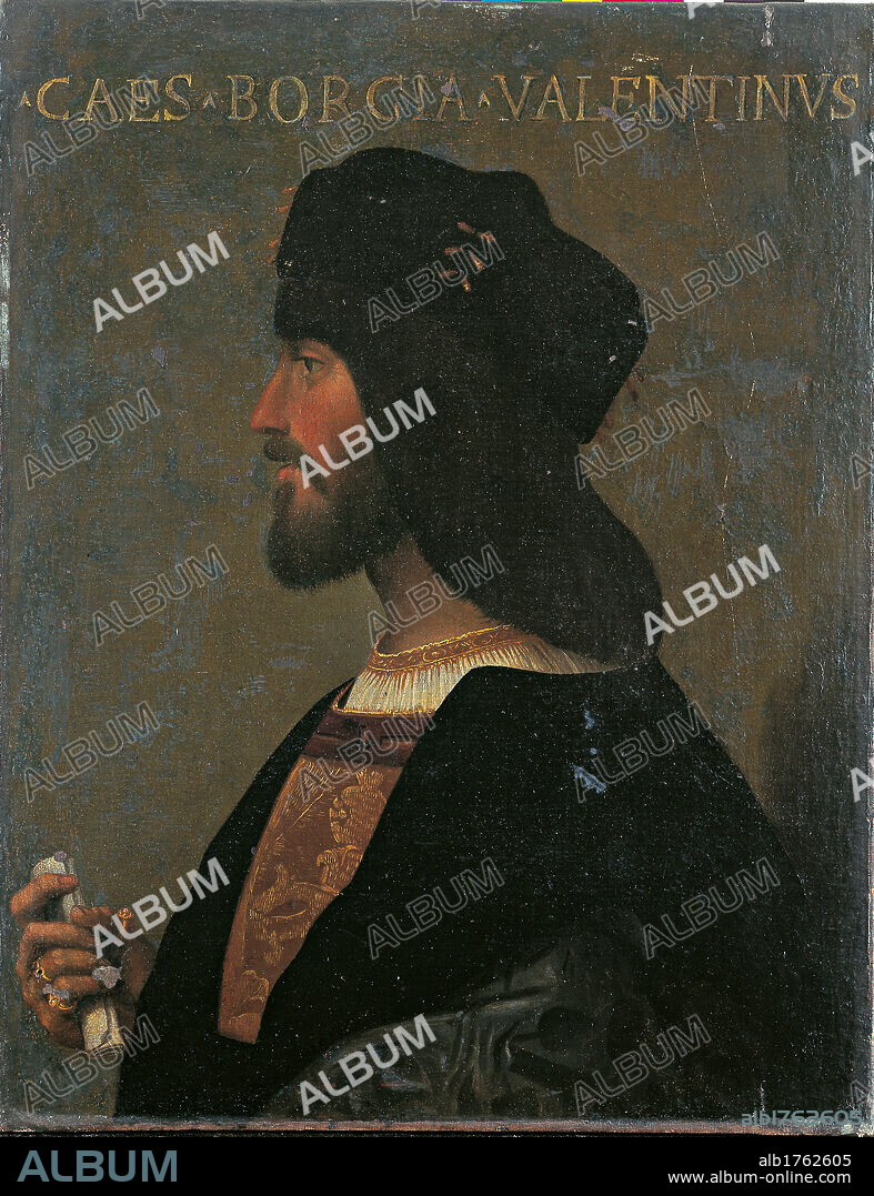 Portrait of Cesare Borgia, by Unknown Artist, 1500-1520 about, 16th Century, oil on canvas, cm 61,5 x 47,5. Italy, Lazio, Rome, National Museum of Palazzo Venezia, Collezione Odescalchi. Early 16C original copy of a 15C lost painting. All. Portrait man beard profile bonnet mantle cloak papal appointment brief inscription. Authorization required for non editorial use.