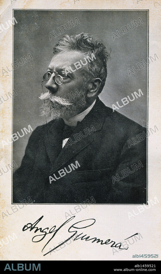GUIMERA, Angel (Santa Cruz de Tenerife, 1849Barcelona, 1924). Dramaturgo y poeta catalán. Grabado y firma del autor perteneciente a la obra "GLORIOSES". Impreso en Barcelona en el año 1909.