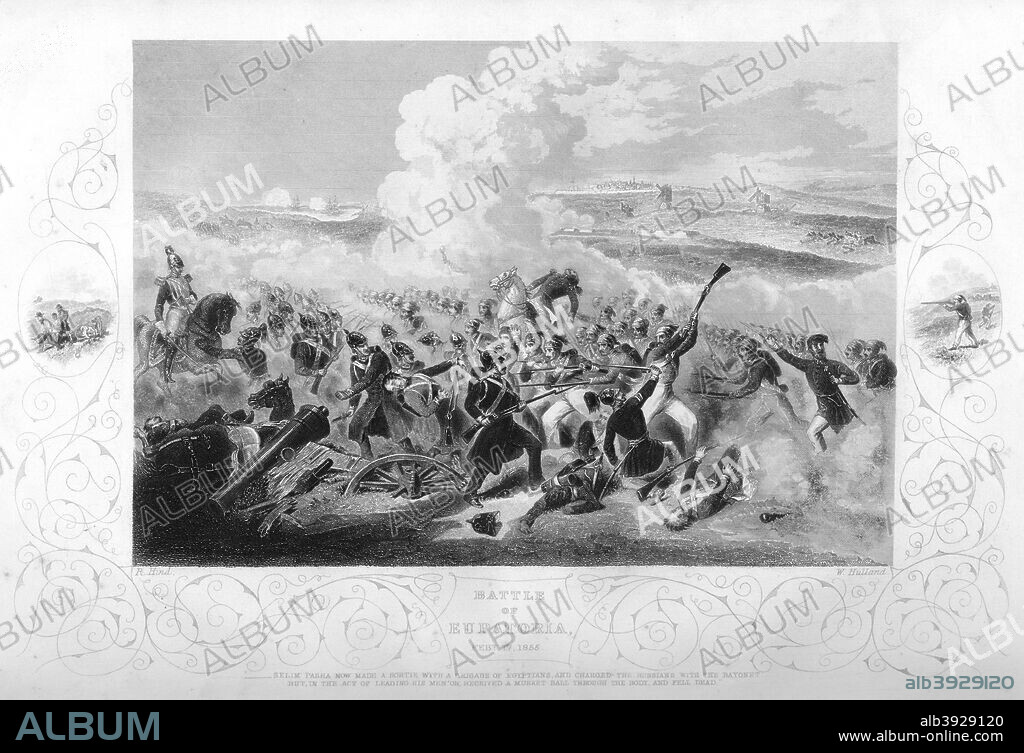 The Battle of Eupatoria during the Crimean War, 1855 (1857). 'Selim Pasha now made a sortie with a brigade of Egyptians, and charged the Russians with the bayonet but, in the act of leading his men on, received a musket ball through the body, and fell dead'. From England's Battles by Sea and Land, volume III: Russia and Turkey, by Lieutenant Colonel Williams, Published by The London Printing and Publishing Company (1857).