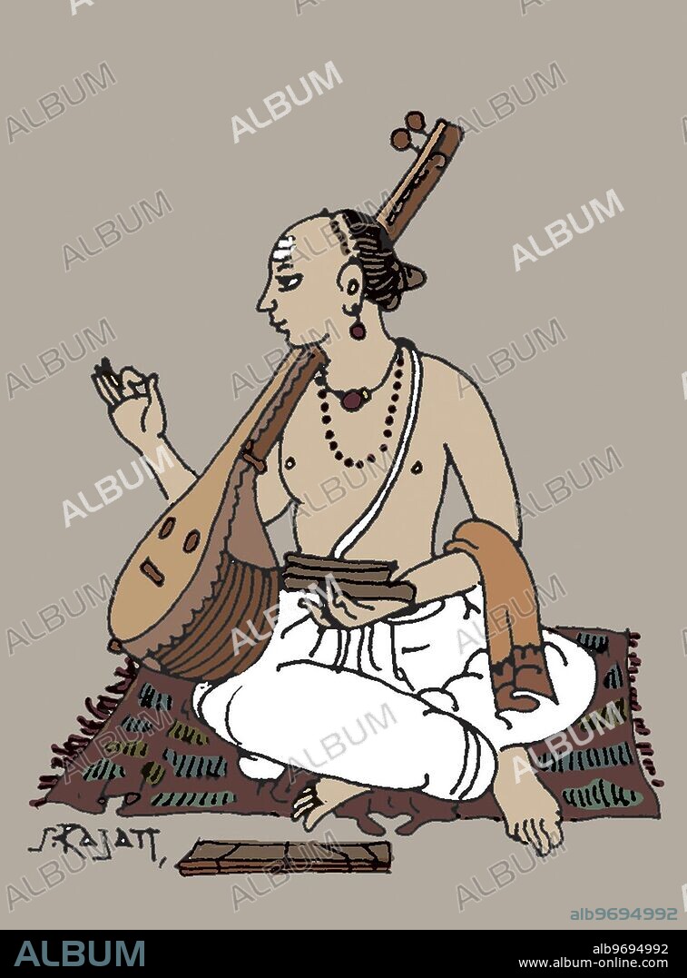 India: Saint - sadhu - swami - sannyasin - monk - devotion - meditation - Hindu belief - Hindu - Hinduism - art - music - sitar - palm leaf - song - om - musician - rudraksha - Himalayan Academy art - yoga - India - Indian art - Hindu art - religion - Hindu religion.
