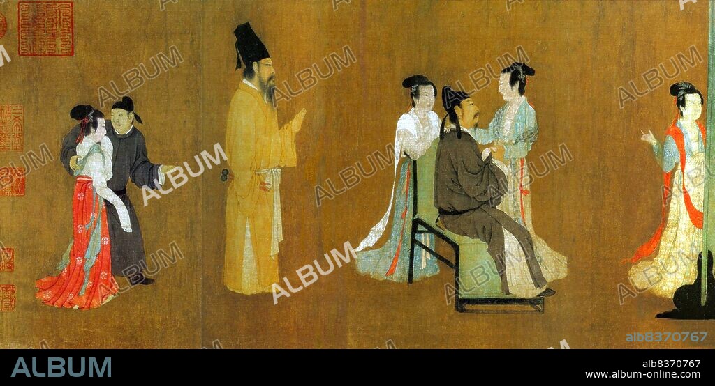 'The Night Revels of Han Xizai' is a painted scroll depicting Han Xizai, a minister of the Southern Tang Emperor Li Yu (937-978). This narrative painting is split into five distinct sections: Han Xizai listens to the pipa, watches dancers, takes a rest, listens to music, and then sees guests off.<br/><br/>. The original, painted by Gu Hongzhong (937-975), is lost, but a 12th century copy, housed in the Palace Museum in Beijing, survives (reproduced here).<br/><br/>. The full scroll should be viewed from right to left.