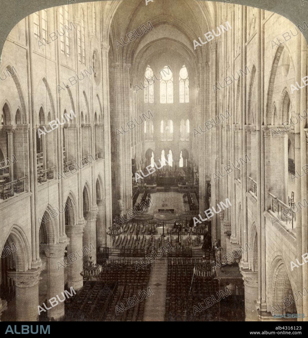 'Interior of the great Notre Dame Cathedral, Paris, France', 1900. View of the nave of the 12th-century Notre-Dame de Paris. Stereocard. [Underwood & Underwood, 1900].