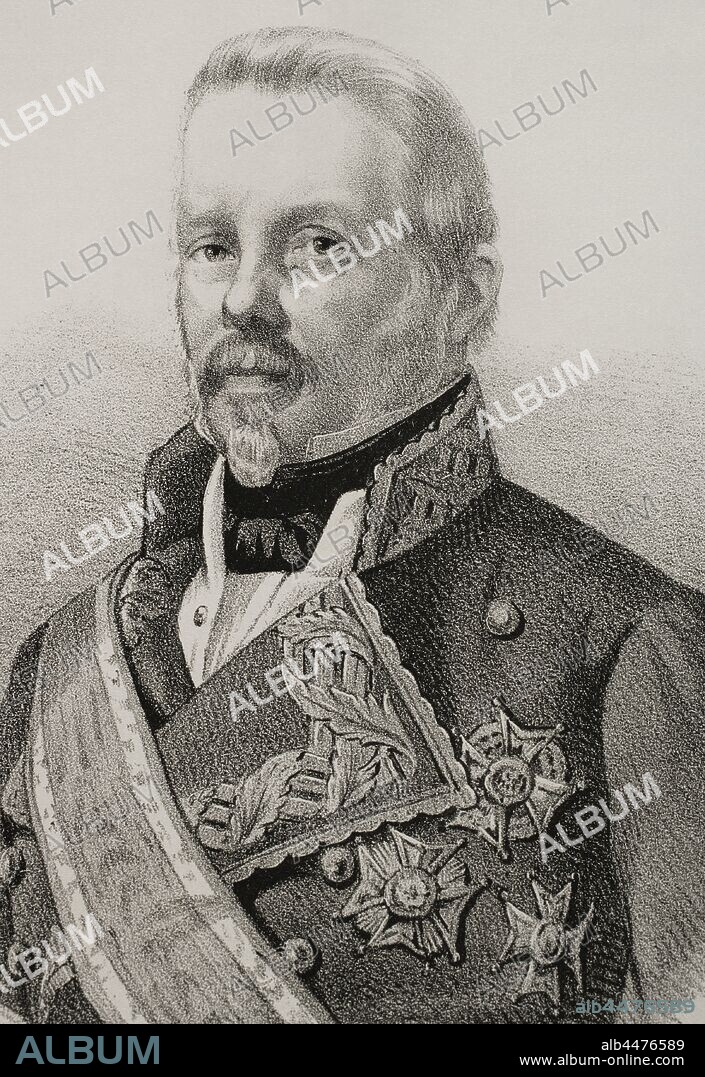 Evaristo Fernández de San Miguel (1785-1862). Noble, militar, político e historiador español, duque de San Miguel. Dibujo por Lanta. Detalle. Litografía. Crónica General de España, Historia Ilustrada y Descriptiva de sus Provincias. Tomo Asturias y León, 1867. Biblioteca Histórico Militar de Barcelona, Cataluña, España.