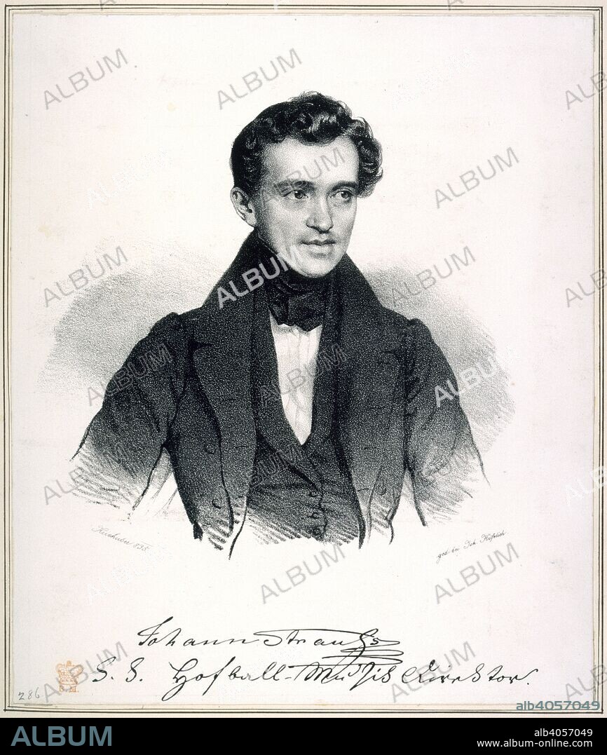 Johann Strauss I. Collections by Eliza Wesley relating to English an. 19th century. Johann Strauss, the elder (1804-1849). Austrian violinist, conductor and composer. Portrait.  Image taken from Collections by Eliza Wesley relating to English and foreign composers, musicians, singers and others, consisting of engraved portraits, photographs, newspaper-cuttings, and other printed matter, with a few original letters, etc.  Originally published/produced in 19th century. . Source: Add. 35027, f.62.