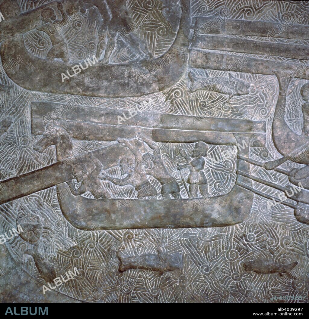 Assyrian relief of the transport of wood by boat for building the palace of Sargon at Dur-Sharzuk, from the Louvre's collection.