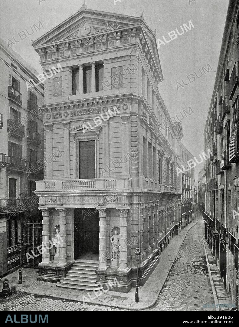 Barcelona, año 1918. Antiguo Casino Mercantil, "El Bolsín", en la Plaza de la Verónica. Centro de reunión de bolsistas y de intervinientes en la contratación de valores públicos. Edificio construido en 1883 por el arquitecto Sabater.