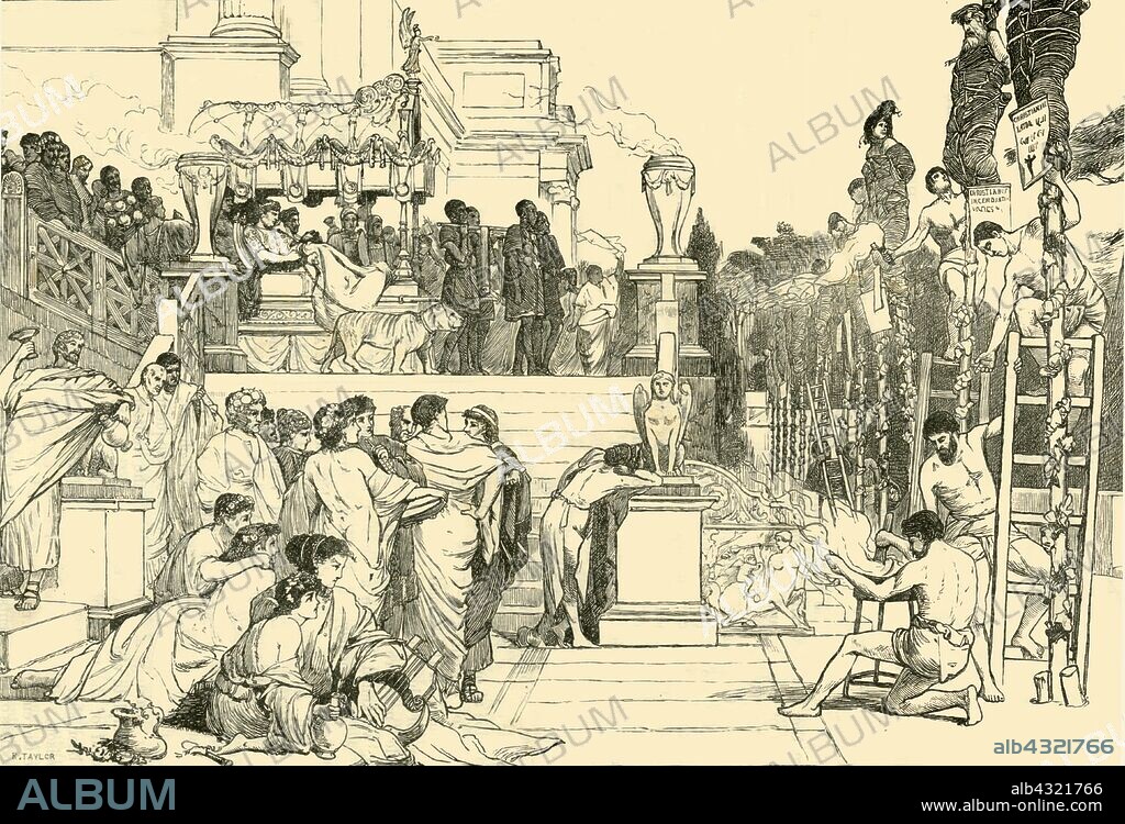 'Nero's Torches - Burning of Christians at Rome', 1890. From "Cassell's Illustrated Universal History Vol. II - Rome", by Edmund Ollier. [Cassell and Company, Limited, London, Paris and Melbourne, 1890].