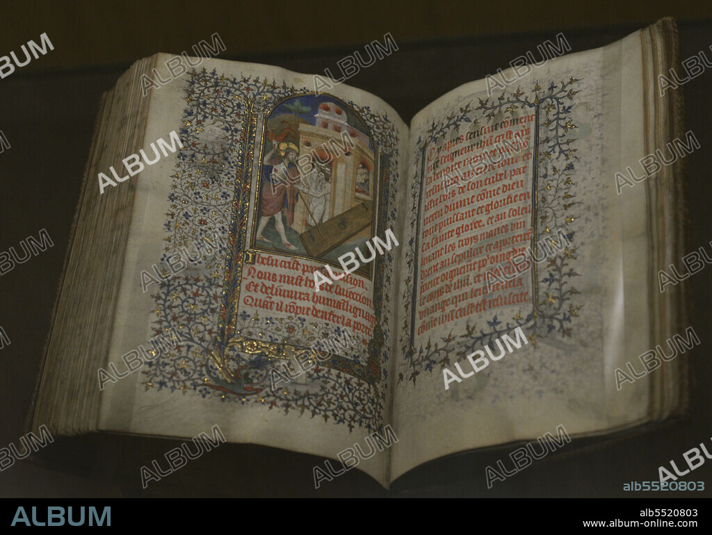 Book of Hours, c. 1410-1415. Paris, France. Illuminator: Bedford Master (probably Haincelin de Haguenau). Scribe: anonymous French. Painting on parchment. Fol. 216 v. In the miniature, depiction of Christ in Limbo and three naked figures of reborn in the border. Calouste Gulbenkian Museum. Lisbon, Portugal.