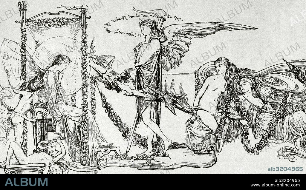Eros and Psyche. Drawing by Charles Ricketts (1866-1931). "La Ilustracion Iberica", 1891.