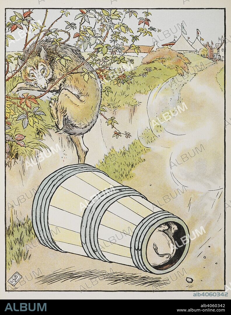 A wolf climbs out of the way as a pig rolls down a hill in a barrel. The Story of Three Little Pigs. With drawings by L. Leslie Brooke. Frederick Warne & Co.: London & New York, [1904.]. Source: 12812.b.33.