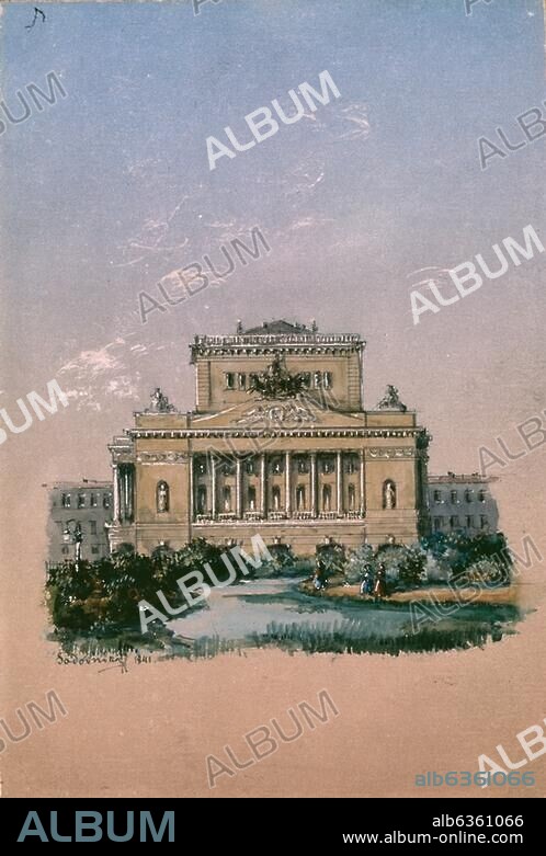 St. Petersburg (Russland), Alexandra-Theater / Puschkin-Theater (erb. 1828-32; Arch.: Carlo Rossi). "Das Alexandra-Theater in St. Petersburg". Aquarell, 1841, von Wassili Semjonowitsch Sadownikow (1800-1879). Auf Papier, 14 × 9,6 cm. Moskau, Puschkin-Literaturmuseum.