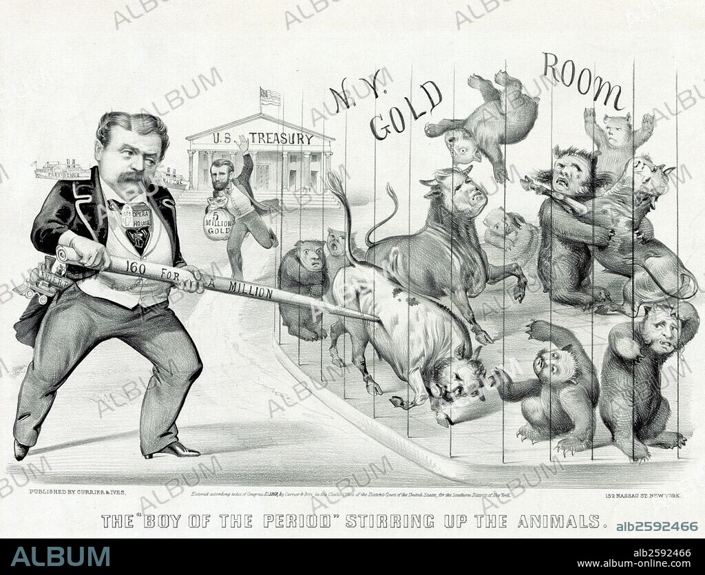 The "Boy of the period" stirring up the animals' Caricature of financier Jay Gould, left, who attempts to corner the gold market, represented by bulls and bears in a cage. On Black Friday, September 1869, in the midst of scandal, President Ulysses S. Grant, center, restored prevailing gold prices by having the U.S. Treasury sell five million dollars in gold which he brings forward in a bag.