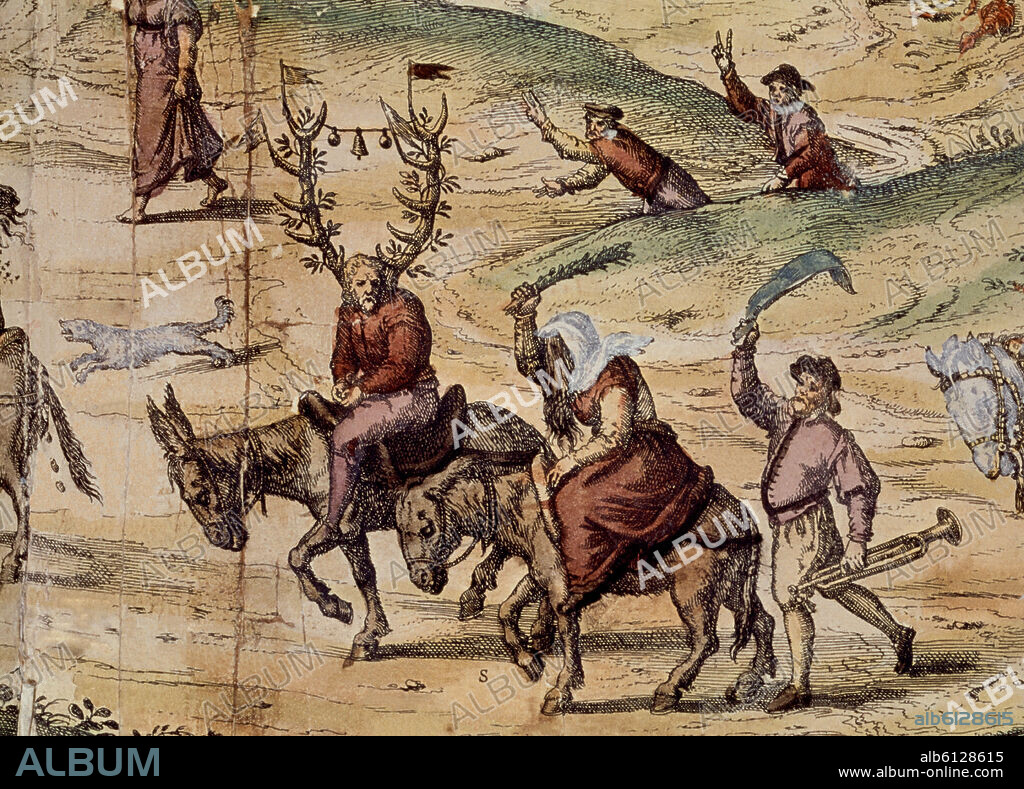 GEORG BRAUN 1541-1622 / FRANS HOGENBERG. CIVITATES ORBIS TERRARUM - SEVILLA - DETALLE DEL CASTIGO QUE SE APLICABA A LAS ALCAHUETAS PUBLICAS Y A LOS CORNUDOS PACIENTES - SIGLO XVI (CONJ 3063).