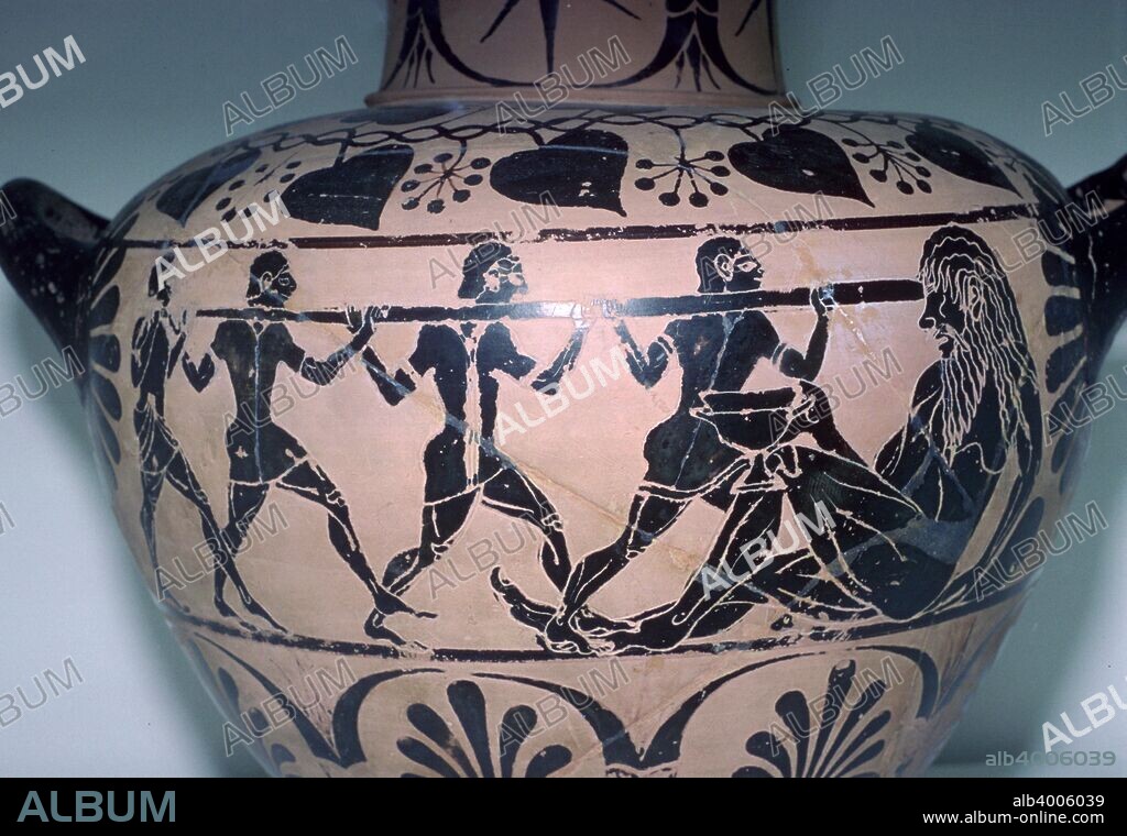 Polyphemus is having his eye put out by Odysseus and his companions. This vase is from an Etruscan tomb.