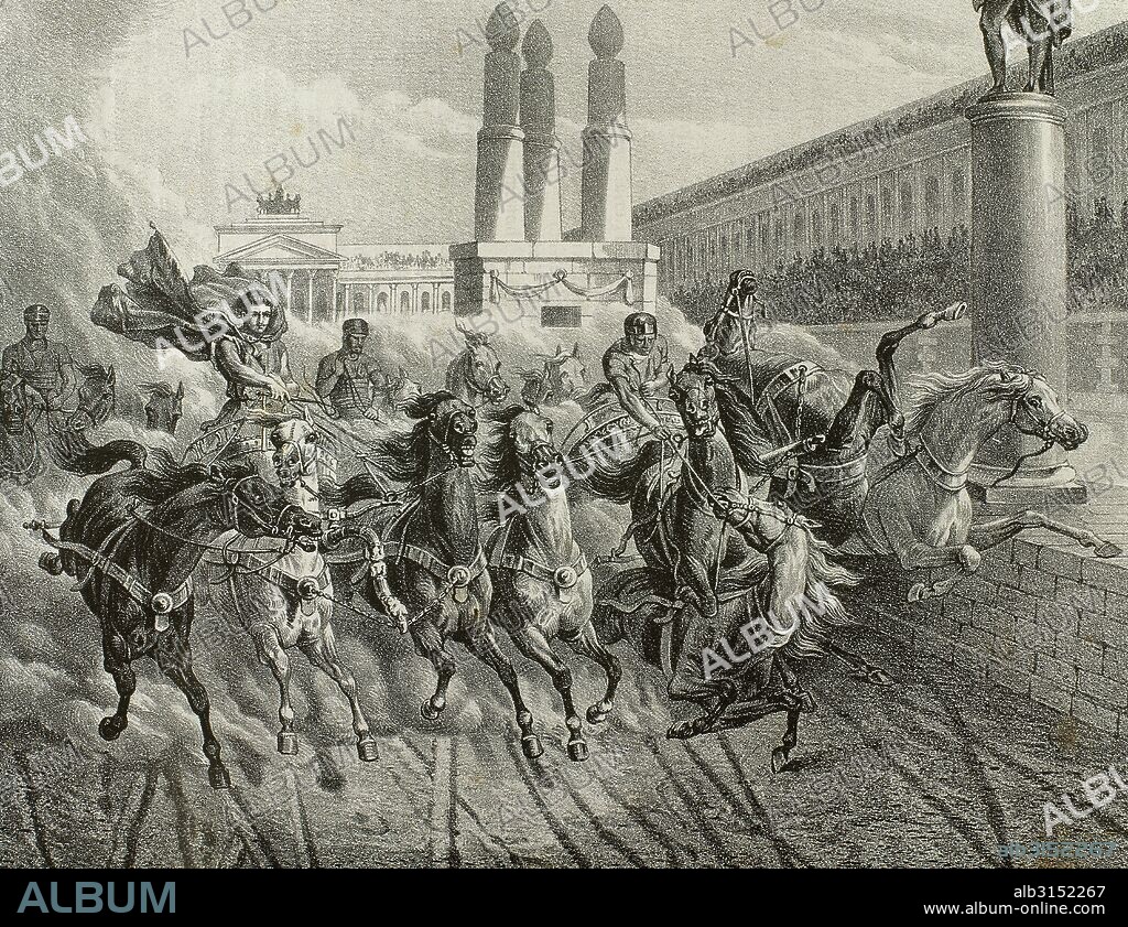 HISTORIA DE LA ANTIGUA ROMA. CARRERA DE CUADRIGAS EN UN CIRCO. Grabado. "Historia de España ilustrada", por Rafael del Castillo, año 1871.
