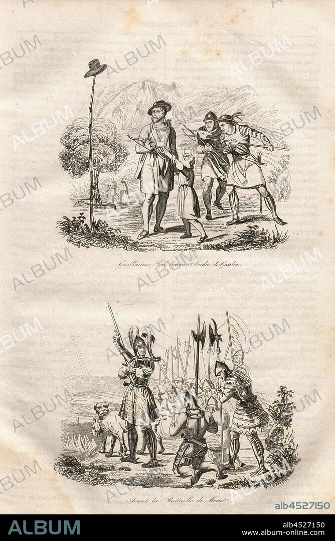 William Tell braving Gessler's order - Before the Battle of Murten, Above: Wilhelm Tell refuses to say hello to Gessler's hat, below: Soldiers of the Swiss Confederation pray before the Battle of Murten, According to S. vj, 1835, Alexandre Martin: La Suisse pittoresque et ses environs. Tableau général, descriptif, historique et statistique des 22 cantons, de la Savoie, d'une partie du Piémont et du pays de Bade. Paris: Hippolyte Souverain, 1835.