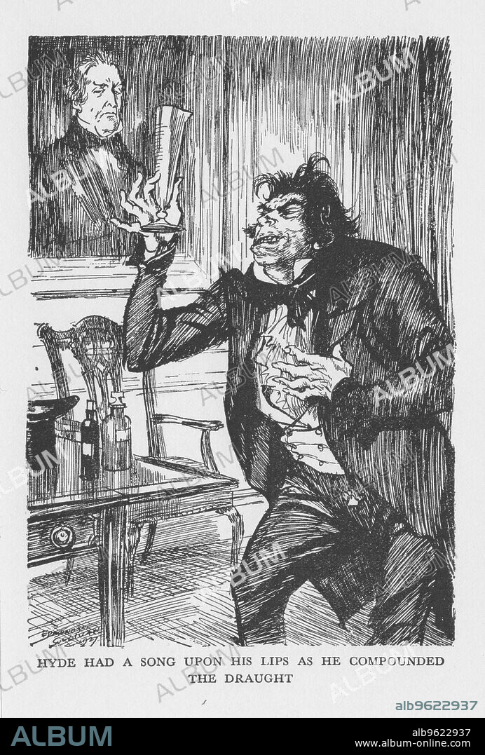 EDMUND JOSEPH SULLIVAN. Scene from The Strange Case of Dr Jekyll and Mr Hyde by Robert Louis Stevenson, 1927.  Mr Hyde on his visit to Dr Lanyon eagerly mixes the chemicals Dr Jekyll has sent there and drinks down the mixture that will turn him back to Dr Jekyll.  Jekyll had succeeded in separating out the duality in his nature, Hyde representing pure evil and Jekyll good, but eventually the antidote to the Hyde persona ceases to be effective. From The Strange Case of Dr Jekyll and Mr Hyde by Robert Louis Stevenson. (London, 1927). First published 1886.