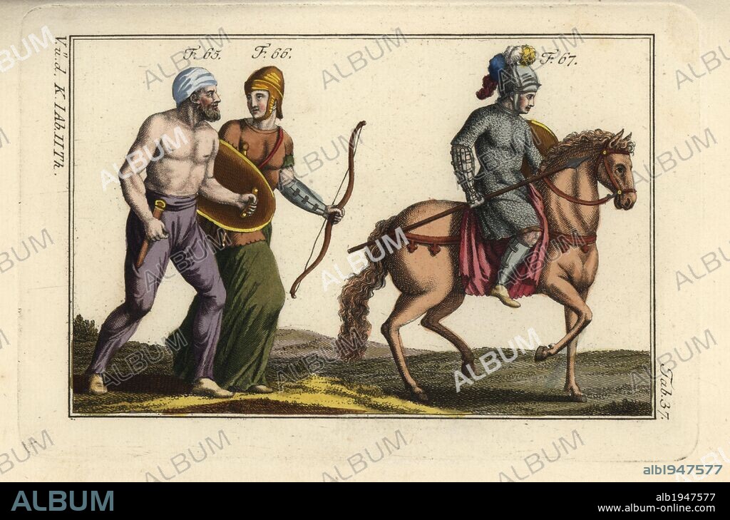 German warrior, Sarmatian archer in armour, and Belgian cavalry in chain-mail armour. Handcolored copperplate engraving from Robert von Spalart's "Historical Picture of the Costumes of the Principal People of Antiquity and of the Middle Ages" (1797).