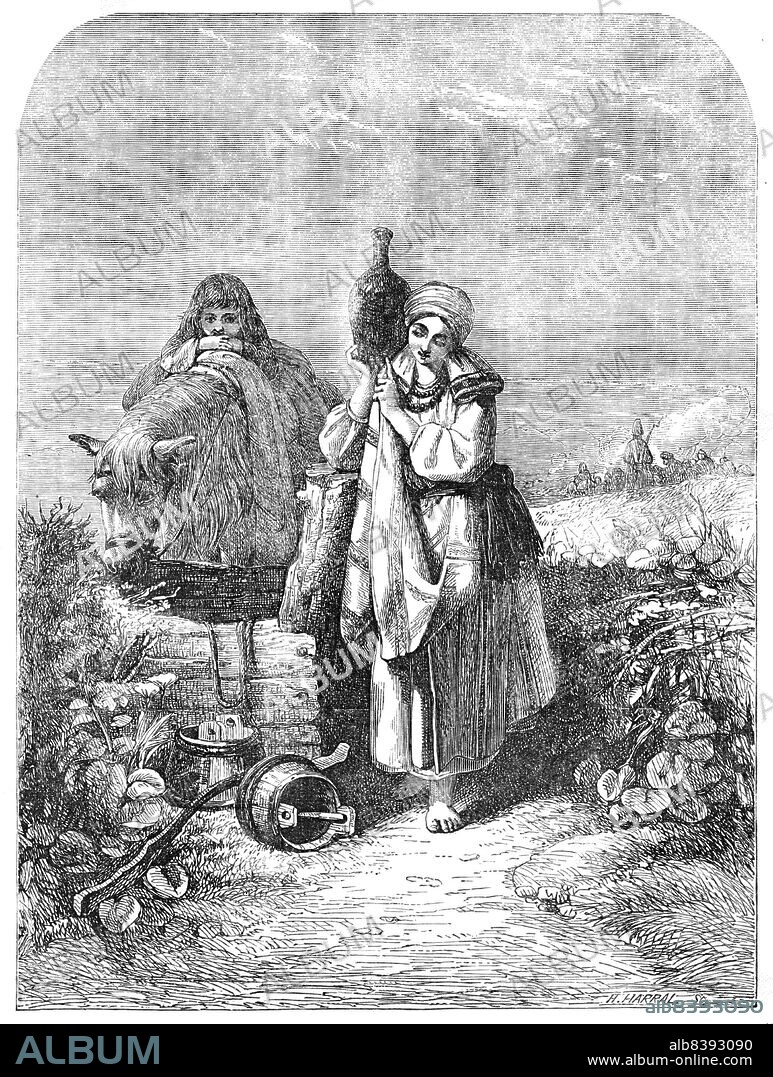 HORACE HARRAL. The Russian Serf, painted by Joseph J. Jenkins - from the Exhibition of the Society of Painters in Water-colours, 1854. 'Russian peasants are all serfs; and here we see a female in the act of drawing water for the use of a party of soldiers in the distance; the employment of females in civil labour being a distinctive characteristic of barbarous and semi civilised nations. Behind, resting on the back of the old horse, is a young urchin serf whose contented look betrays the fact that he is little aware of the cruel austerities to which fate submits his afterlife; smiling as he does in his chains. Mr Jenkins, whose delicate pencil is unrivalled in this branch of art, has given a couleur-de-rose aspect to the whole subject, which though highly agreeable in a picture, we fear little accords with the stern realities of the subject. The costume is accurate and very effective...'. From "Illustrated London News", 1854.
