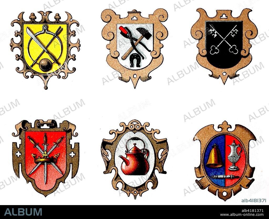 1890 - Zunftwappen: Drechsler, Grobschmied, Schlosser, Messerschmied, Kupferschmied, Zinngiesserr. Guild coat of arms: turner, blacksmith, nailsmith, knifesmith, coppersmith, pewterer, digital improved reproduction of an original print from the 19th century.