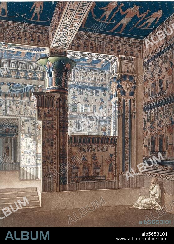 Thebes-West (Egypt), Ramesseum (mortuary temple of Ramses II, 1292-1225 BC, dedicated to God Amon, until 1829 called Memnonium). "Thèbes. Memnonium (...) " : interior view of the west temple. Col. copper engr., c. 1820, by Jean A.Allais. (1792-1850) after drawing by Jean-Baptiste Lepère (1761-1844). MM bibl. 1117, pl. 37, Rueil-Malmaison, Musée du Château.