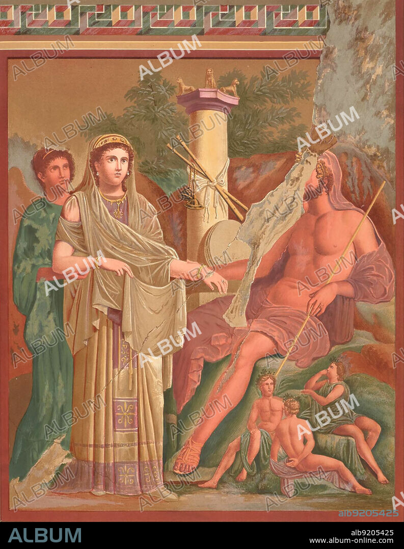 Jupiter, oberste Gottheit der römischen Religion und Juno, römische Göttin, Auf Der Ida, Wandmalerei, Fresko aus dem historischen Pompeji, digital restauriert / Jupiter, supreme deity of the Roman religion and Juno, Roman goddess, On The Ida, mural, fresco from historic Pompeii, digitally restored.