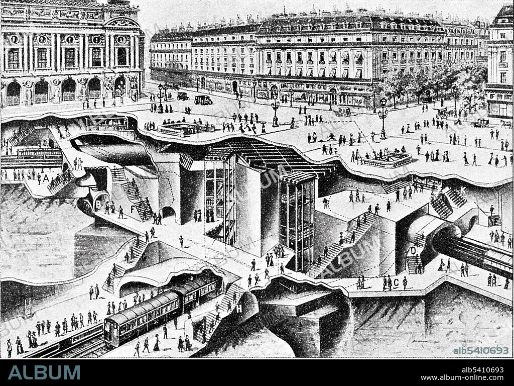 Cutaway illustration showing the Opéra station of the Paris Metro in 1913, built by architect Charles Garnier and serving the district of Boulevard Haussmann.