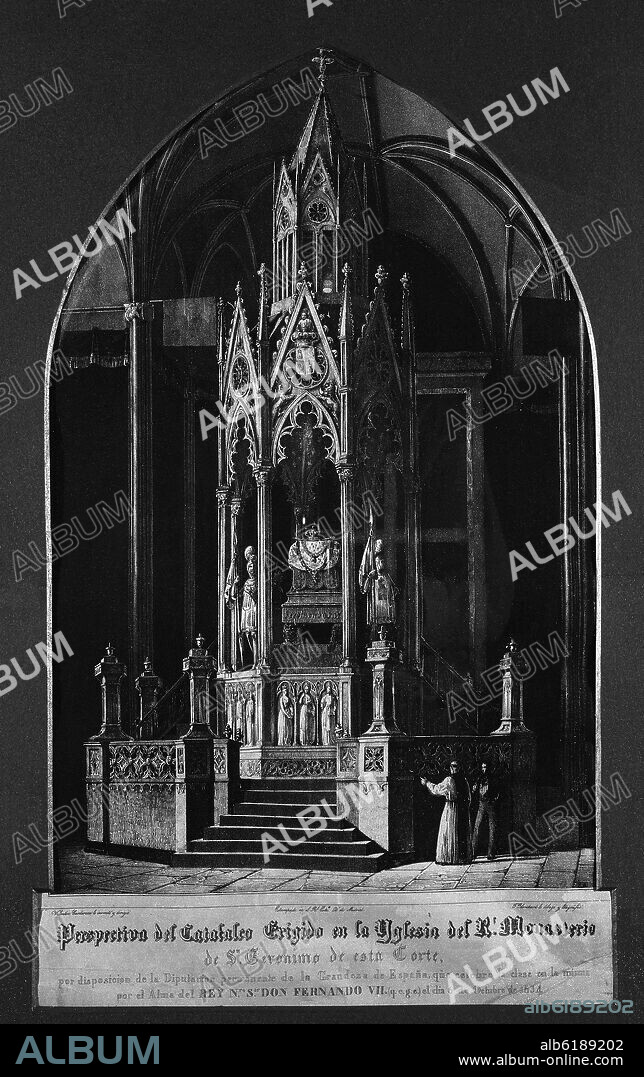 VALENTIN CARDERERA (1796-1880). CATAFALCO ERIGIDO EN LA IGLESIA DE LOS JERONIMOS POR EL ALMA DE FERNANDO VII - GRABADO SIGLO XIX.