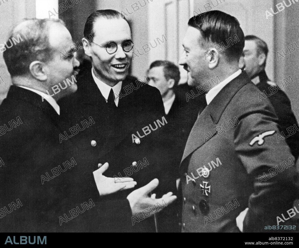 Vyacheslav Mikhailovich Molotov (9 March 1890 8 November 1986) was a Soviet politician and diplomat, an Old Bolshevik, and a leading figure in the Soviet government from the 1920s, when he rose to power as a protégé of Joseph Stalin.<br/><br/>. Molotov served as Chairman of the Council of People's Commissars (Premier) from 1930 to 1941, and as Minister of Foreign Affairs from 1939 to 1949 and from 1953 to 1956. He served as First Deputy Premier from 1942 to 1957, when he was dismissed from the Presidium of the Central Committee by Nikita Khrushchev.<br/><br/>. Adolf Hitler (20 April 1889 30 April 1945) was a German politician of Austrian origin who was the leader of the Nazi Party (NSDAP), Chancellor of Germany from 1933 to 1945, and Fuhrer ('leader') of Nazi Germany from 1934 to 1945.<br/><br/>. As dictator of Nazi Germany he initiated World War II in Europe and was a central figure of the Holocaust.